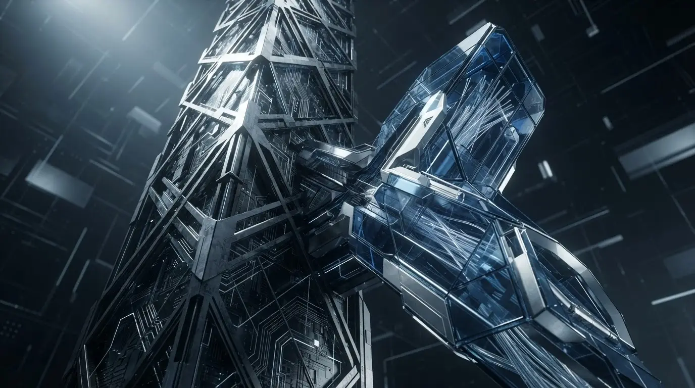 Interlocking glass and steel structures representing web and mobile integration